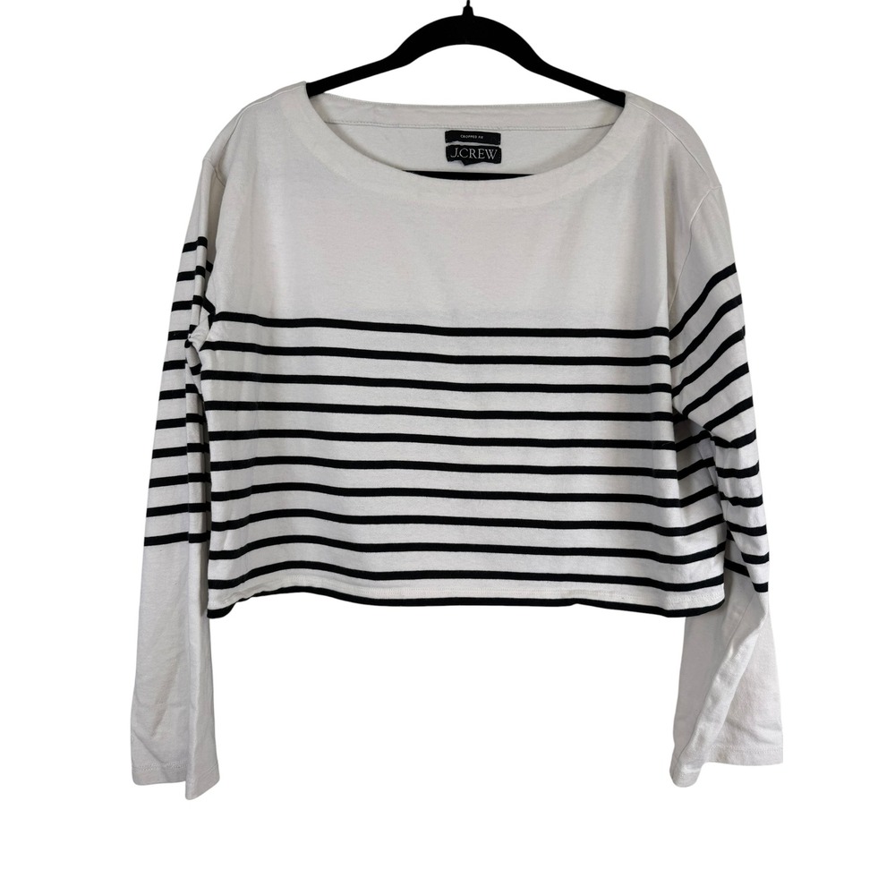 J.Crew Womens Cropped Fit Long Sleeve Striped Boat Neck Top White Black Medium